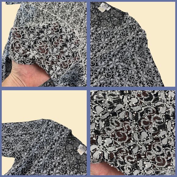Vintage 70s/80s M lace floral blouse by Jostar, black & white sheer crew-neck - Picture 2 of 9